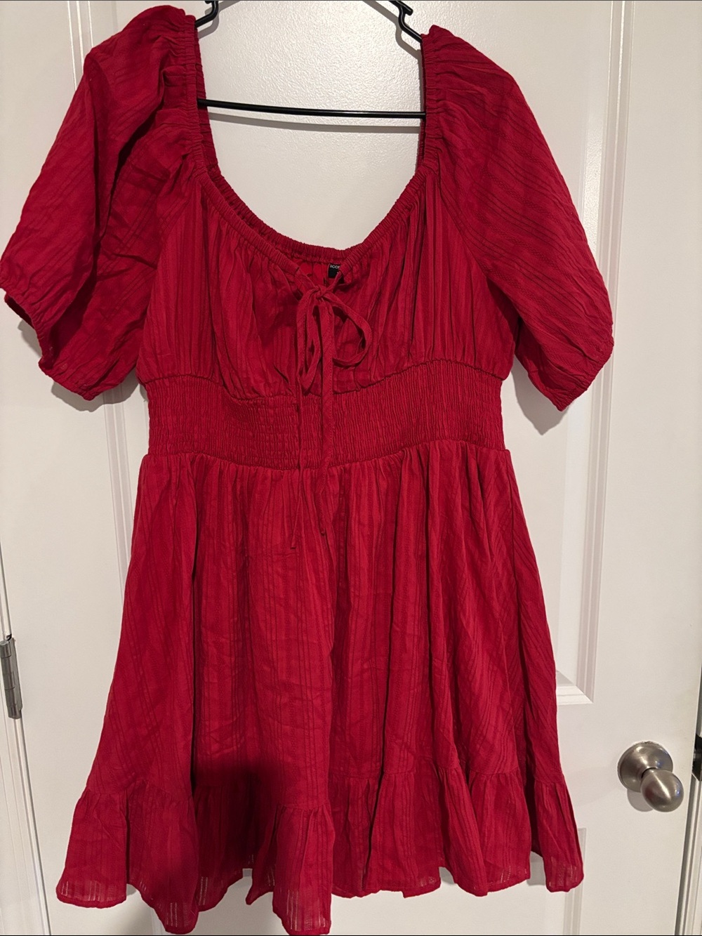 Women’s Red Midi Dress with Smocked Waist and Puff Sleeves